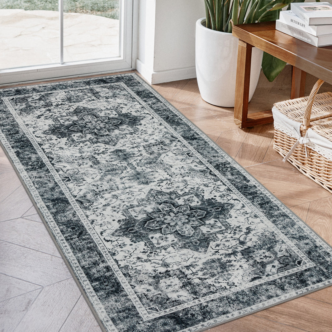Joydeco Runner Rug Non Slip Machine Washable Vintage Rug, Low Pile Non Slip Chenille Print Rugs for Living Room, Entryway, Bedroom, Kitchen and Corridor, Bathroom