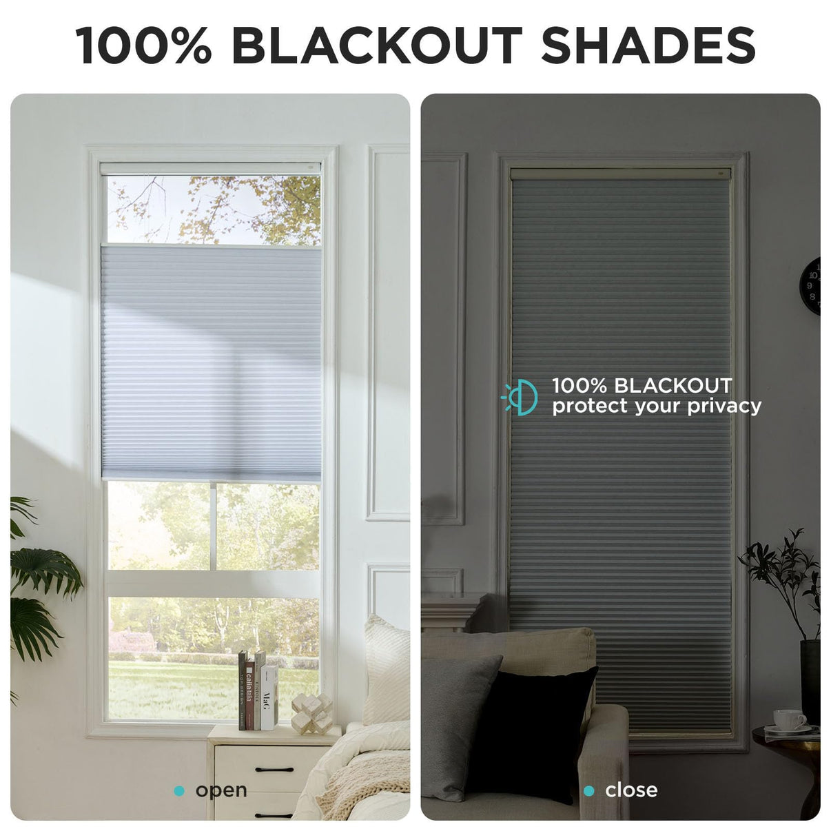 Light blue no-drill cordless blackout honeycomb shades with top down bottom up feature shown open and closed.