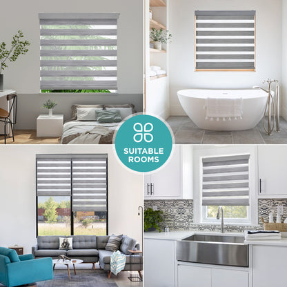 Joydeco No Drill Zebra Blinds for Windows, Cordless Dual-Layer Privacy Zebra Shades for Indoor Windows, Easy to Install, Light Filtering Sheer Blinds for Home