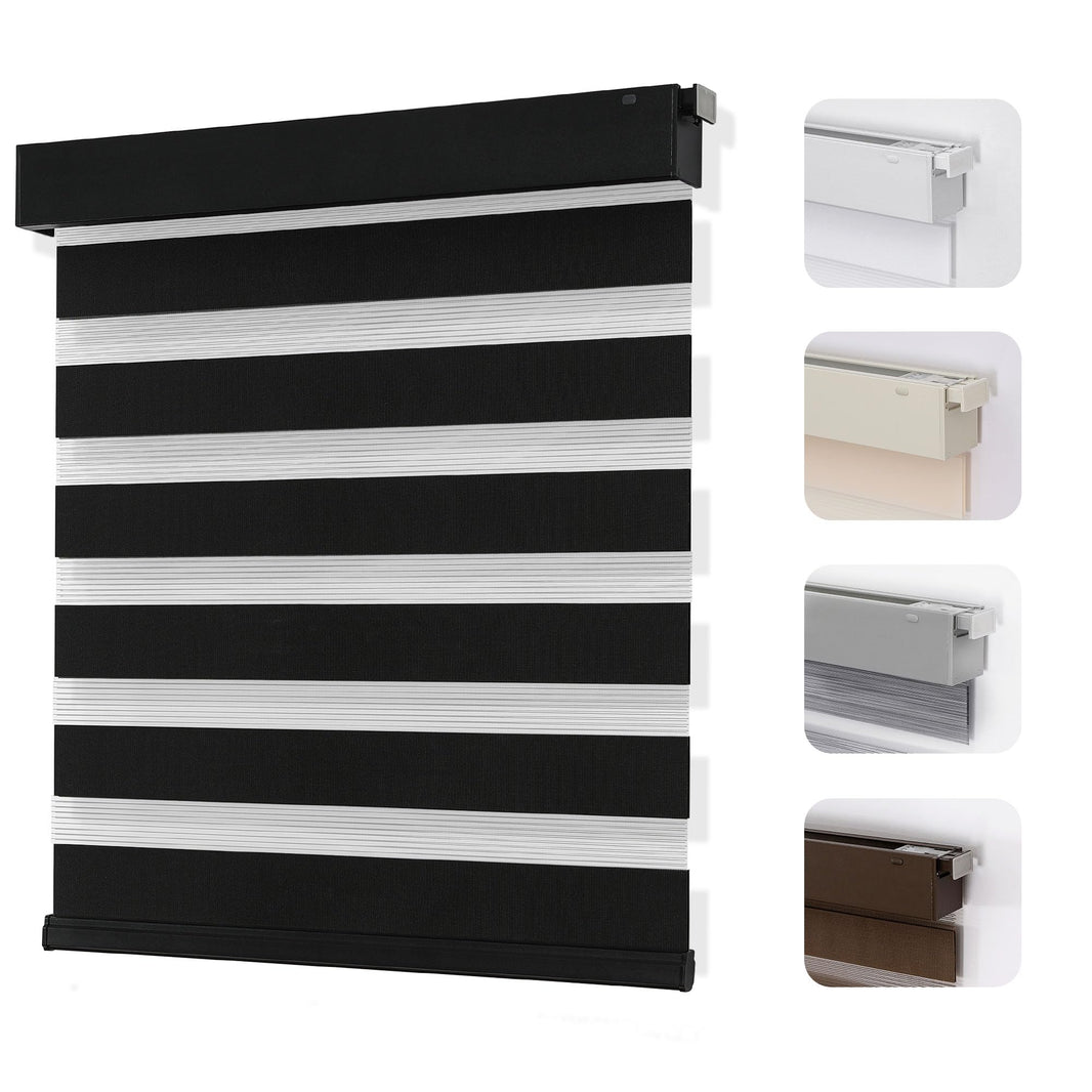 Black and white cordless zebra blinds, easy install light filtering shades, no-drill brackets. Multiple colors shown.