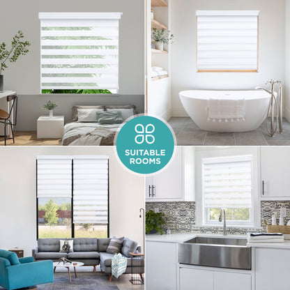White cordless dual-layer zebra blinds in various indoor room settings: bedroom, bathroom, living room, kitchen.