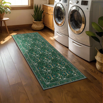 Joydeco Floral Washable Runner Rug for Kitchen, Forest Hallway Non Slip, Boho Botanical Ultra-Thin Soft Indoor Floor Throw Carpet for Bathroom Entryway Foyer