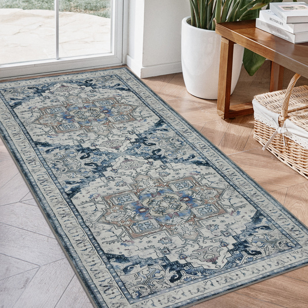 Joydeco Runner Rug Non Slip Machine Washable Vintage Rug, Low Pile Non Slip Chenille Print Rugs for Living Room, Entryway, Bedroom, Kitchen and Corridor, Bathroom