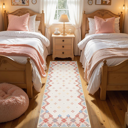 Joydeco Checkered Pink Kitchen Runner Rug Non Slip, Washable Bathroom, Modern Soft Low-Pile Ultra Thin Indoor Floor Throw Carpet for Bedroom Laundry Room Entrance Entryway