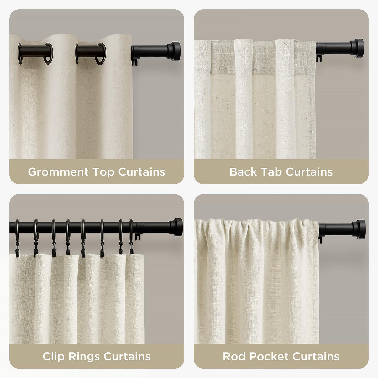 Black Joydeco curtain rod demonstrating compatibility with grommet, back tab, clip rings, and rod pocket curtains.