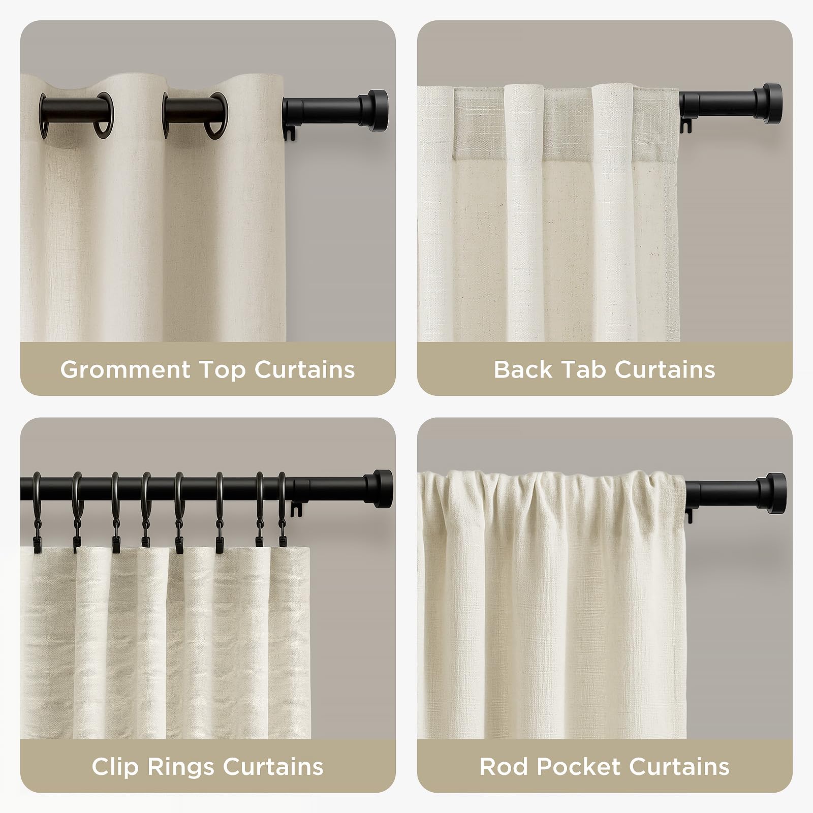 Black Joydeco curtain rod demonstrating compatibility with grommet, back tab, clip rings, and rod pocket curtains.