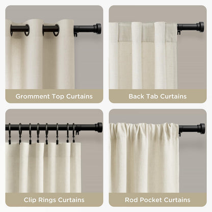 Black Joydeco curtain rod demonstrating compatibility with grommet, back tab, clip rings, and rod pocket curtains.