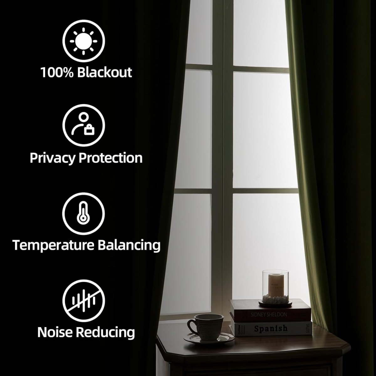 Moss green velvet curtains graphic detailing 100% blackout, privacy, temp balancing, and noise reduction benefits.