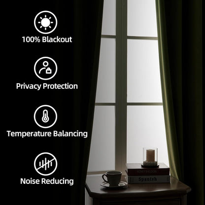 Moss green velvet curtains graphic detailing 100% blackout, privacy, temp balancing, and noise reduction benefits.
