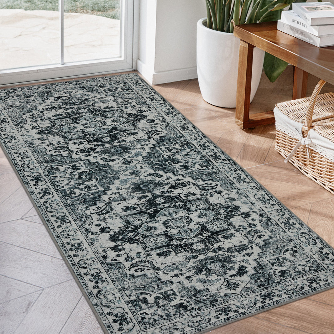 Joydeco Runner Rug Non Slip Machine Washable Vintage Rug, Low Pile Non Slip Chenille Print Rugs for Living Room, Entryway, Bedroom, Kitchen and Corridor, Bathroom