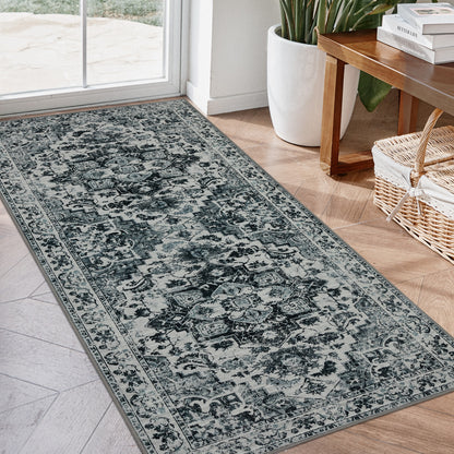 Joydeco Runner Rug Non Slip Machine Washable Vintage Rug, Low Pile Non Slip Chenille Print Rugs for Living Room, Entryway, Bedroom, Kitchen and Corridor, Bathroom