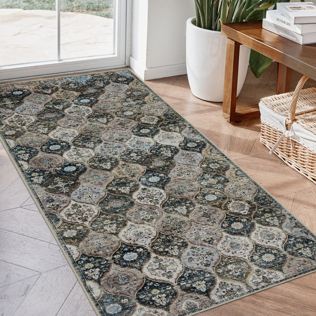 Joydeco Runner Rug Non Slip Machine Washable Vintage Rug, Low Pile Non Slip Chenille Print Rugs for Living Room, Entryway, Bedroom, Kitchen and Corridor, Bathroom