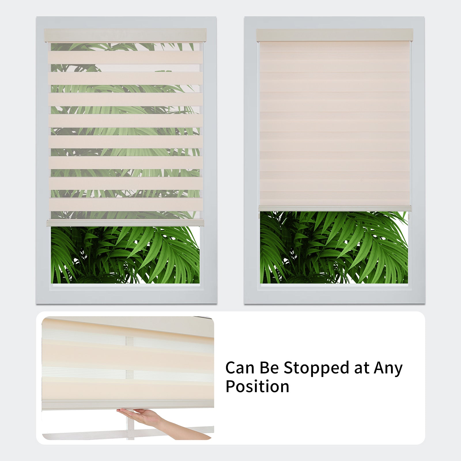 Joydeco cordless zebra blinds in beige, showing dual-layer light control and free-stop adjustability.