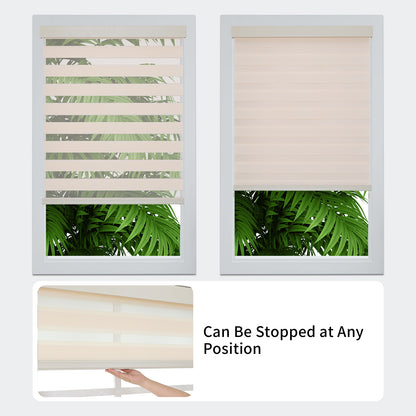 Joydeco cordless zebra blinds in beige, showing dual-layer light control and free-stop adjustability.