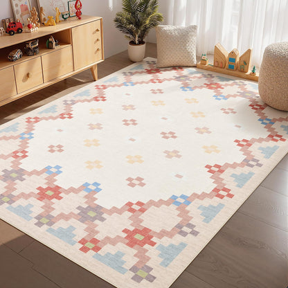 Joydeco Checkered Pink Kitchen Runner Rug Non Slip, Washable Bathroom, Modern Soft Low-Pile Ultra Thin Indoor Floor Throw Carpet for Bedroom Laundry Room Entrance Entryway