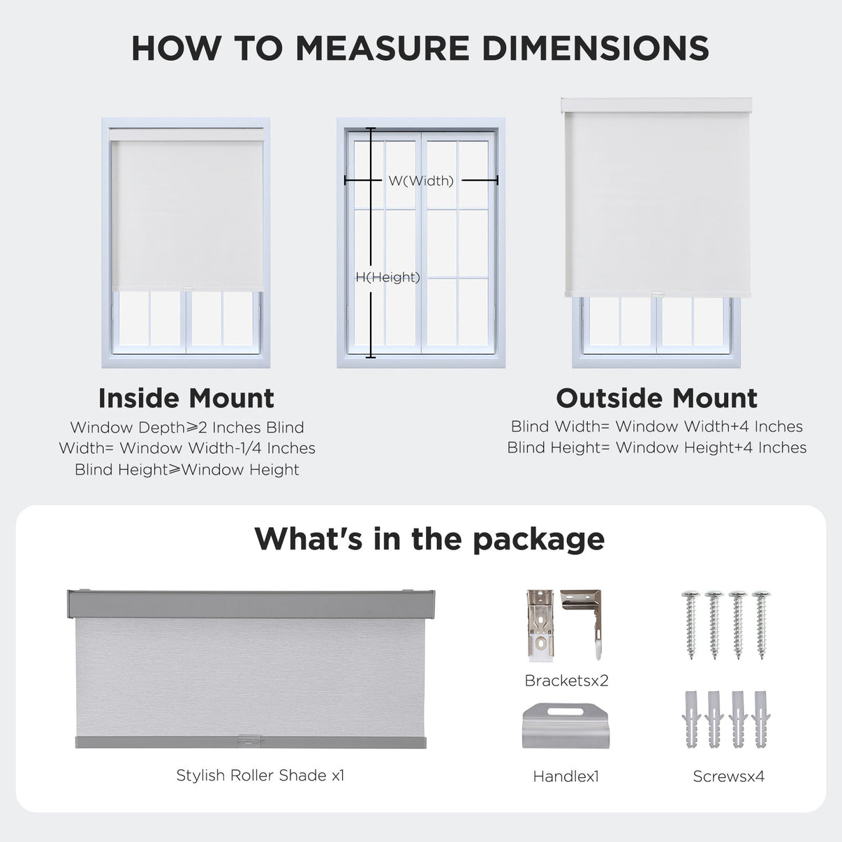 Joydeco blackout roller shades: inside/outside mount measurement diagram & package contents.