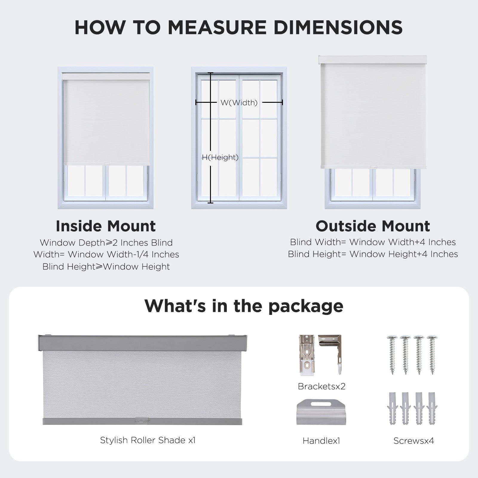Joydeco blackout roller shades: inside/outside mount measurement diagram & package contents.
