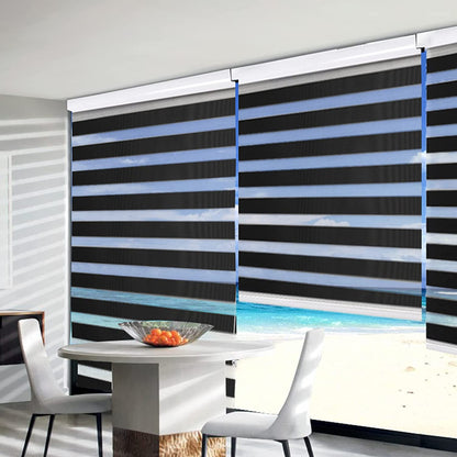 Black dual layer cordless zebra blinds by Joydeco, showcased on window with beach view. Product display.