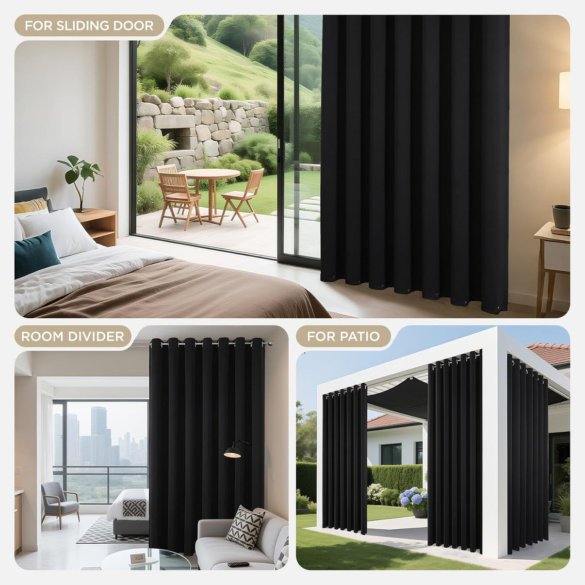 Black grommet blackout curtains: sliding door, room divider, patio use. Privacy & thermal benefits.