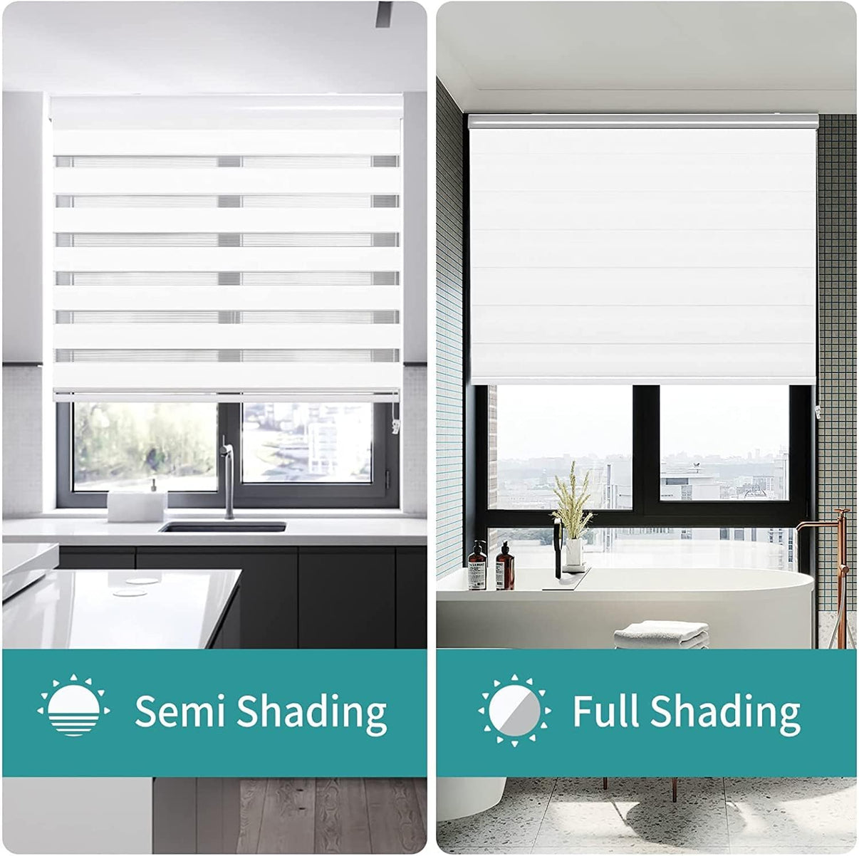 White Joydeco cordless zebra blinds: semi-shading in kitchen, full-shading in bathroom. Shows light control and privacy.