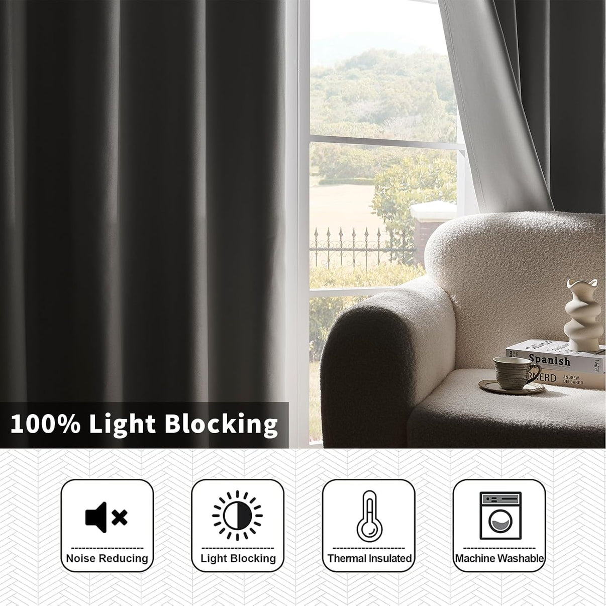 Joydeco Pure White linen blackout curtains, 84 inches, grommet, thermal insulated, noise reducing.