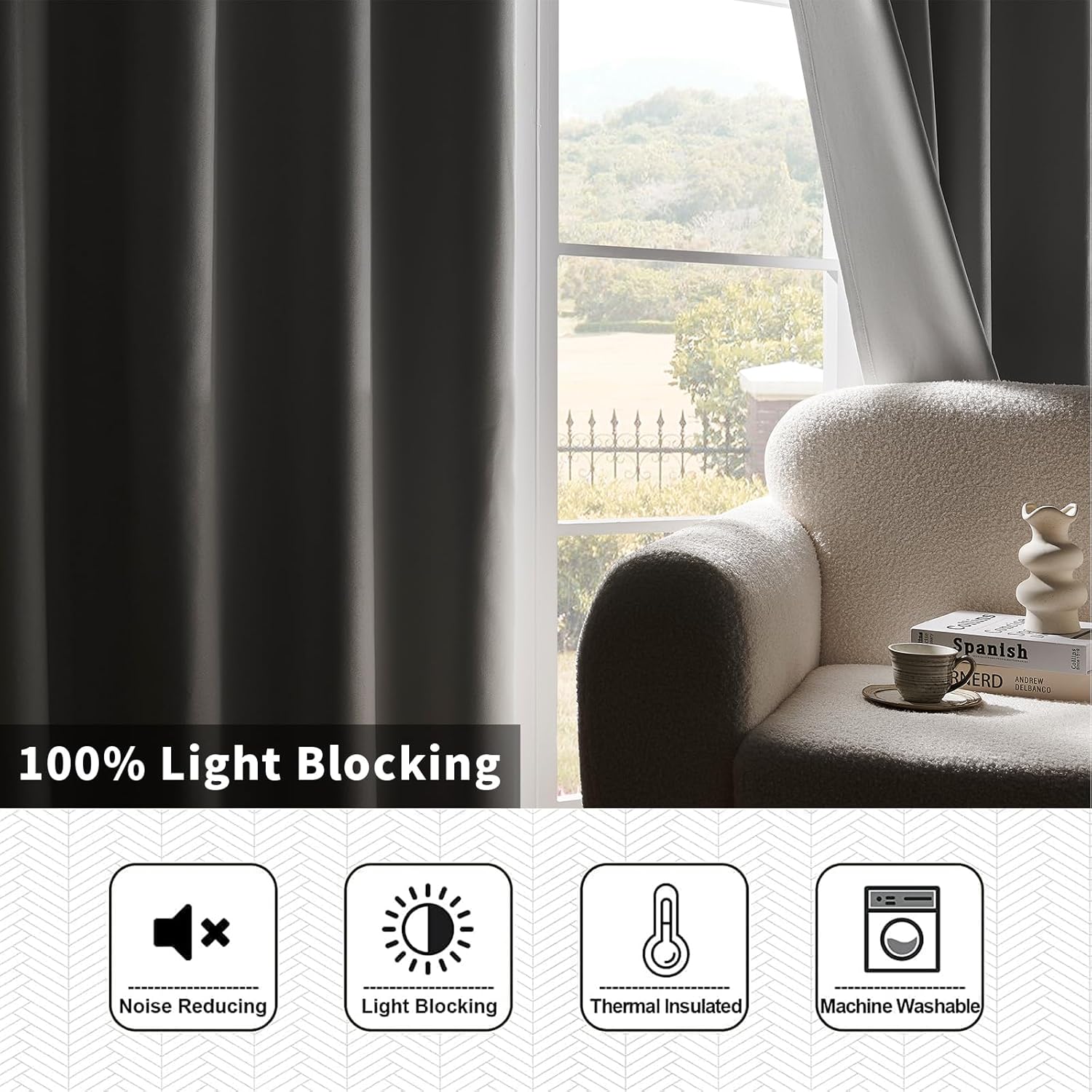 Joydeco Pure White linen blackout curtains, 84 inches, grommet, thermal insulated, noise reducing.