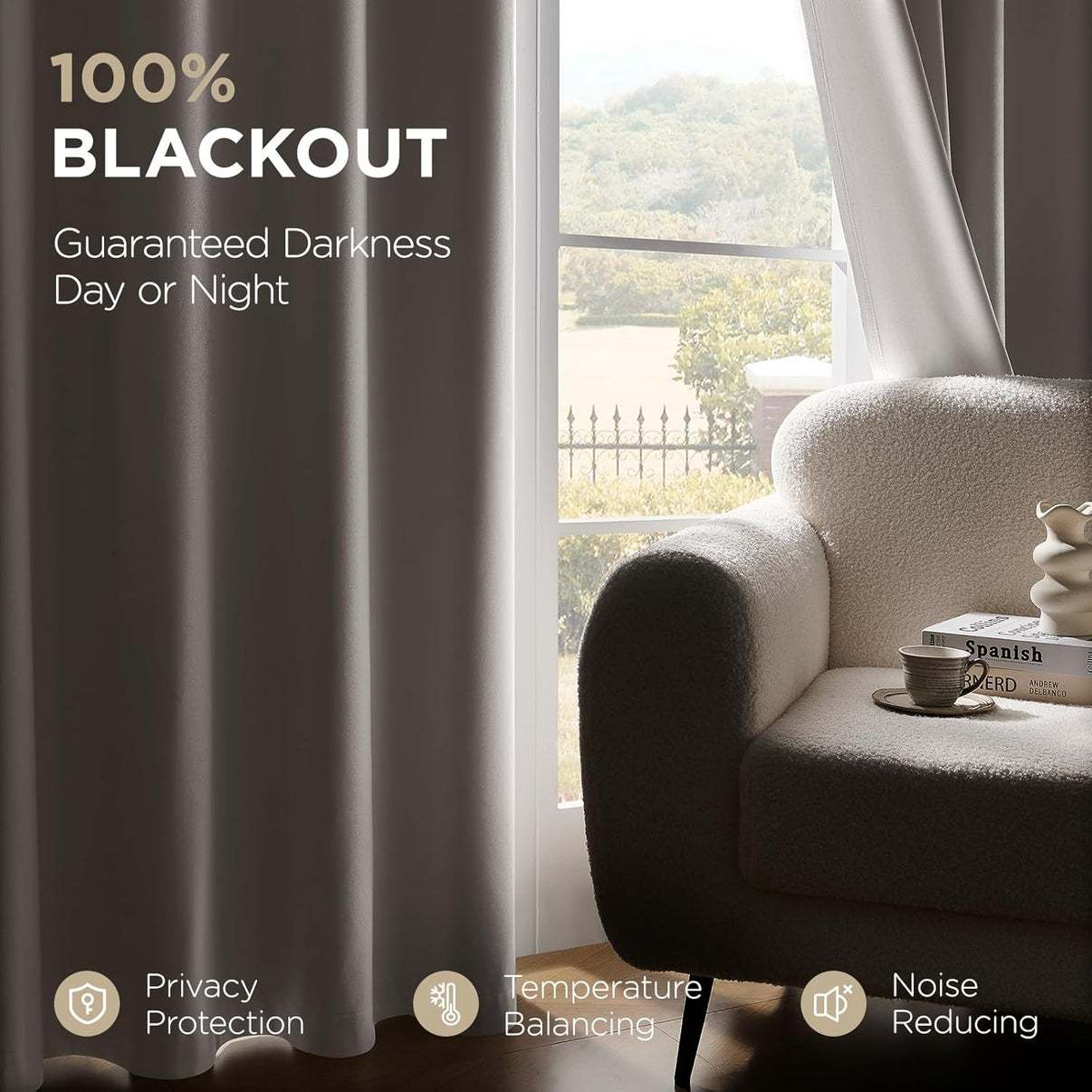 Joydeco white 96" linen blackout curtains. 100% darkness, privacy, thermal balance, noise reduction.