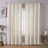 Beige Boho Linen Curtains with Tassels & Embroidery , Joydeco