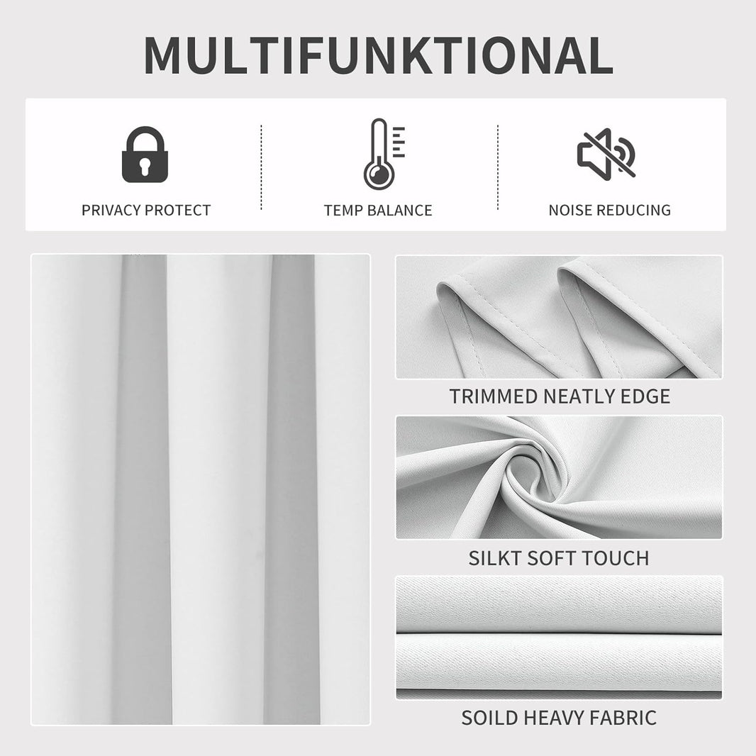 Joydeco white blackout curtains: thermal, noise reduction, privacy, neat edges, heavy fabric.