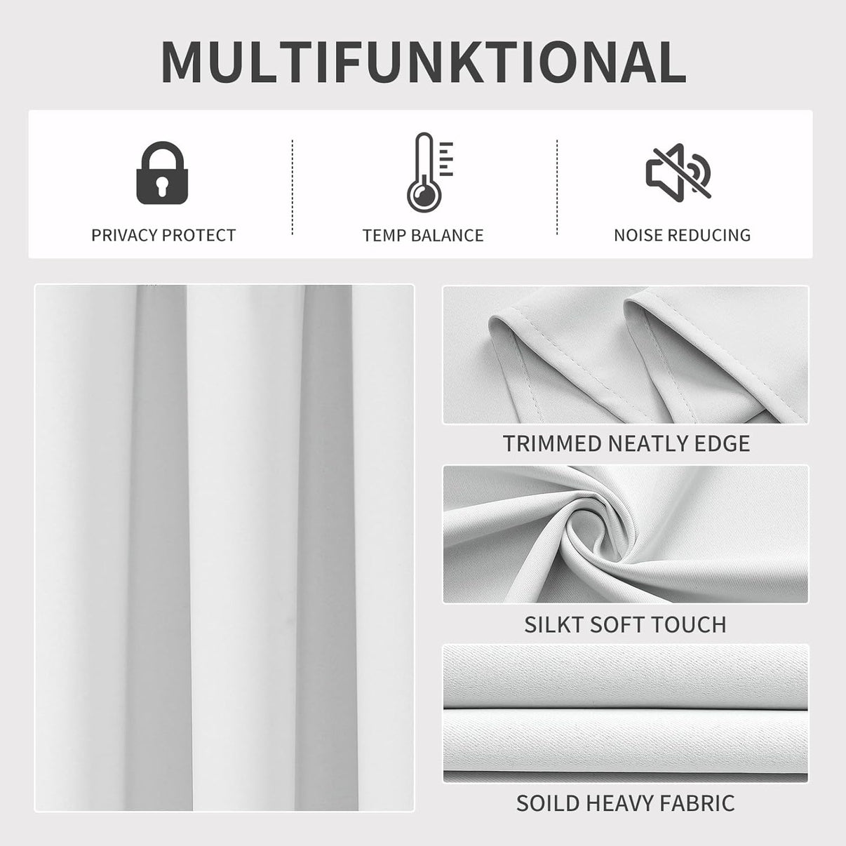 Joydeco white blackout curtains: thermal, noise reduction, privacy, neat edges, heavy fabric.