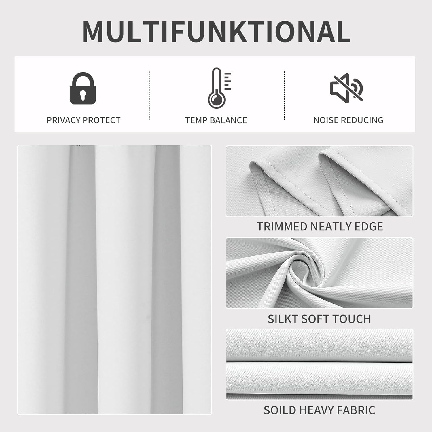 Joydeco white blackout curtains: thermal, noise reduction, privacy, neat edges, heavy fabric.