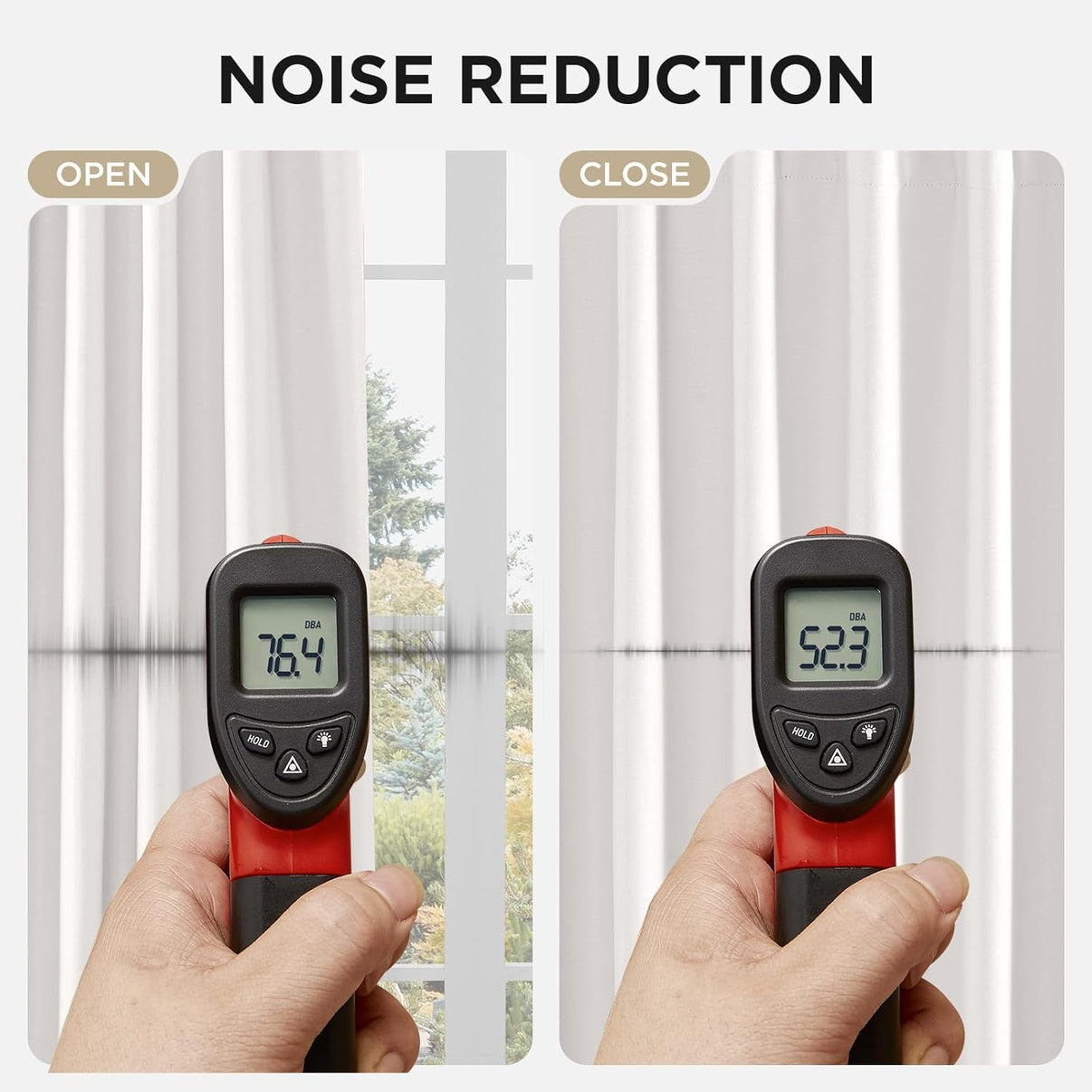 Joydeco pure white blackout curtains demonstrate noise reduction: open (76.4 dBA) vs. closed (52.3 dBA).