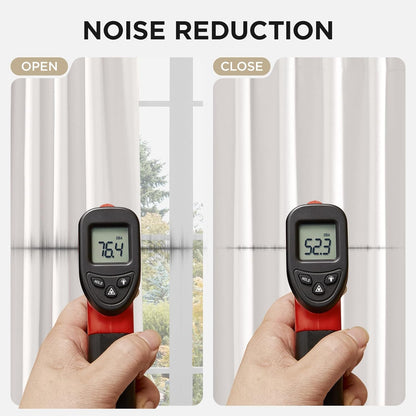 Joydeco pure white blackout curtains demonstrate noise reduction: open (76.4 dBA) vs. closed (52.3 dBA).