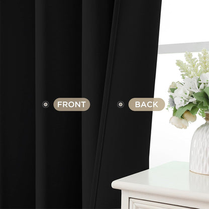Joydeco black blackout curtains (52x84) front & back view, smooth thermal insulated polyester.