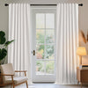 Joydeco pure white linen blackout curtains framing a glass door, 96 inches long, shown in a living room with garden view.