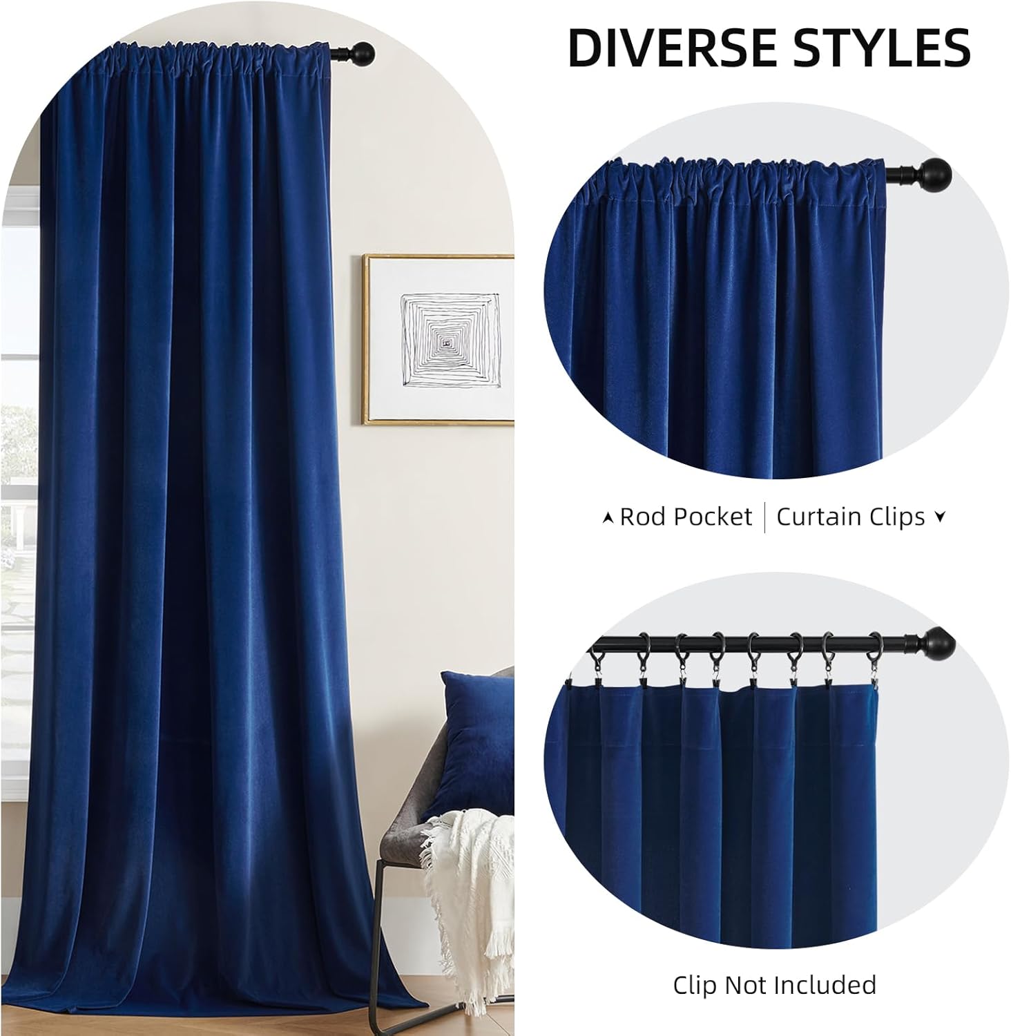 Joydeco Blue Velvet Curtains 96 inch Length 2 Panels Burg Set, 95 Curtains Luxury Rod Pocket Thermal Insulated Window Blackout Curtain, Room Darkening Drapes for Living Dining Room Bedroom Privacy