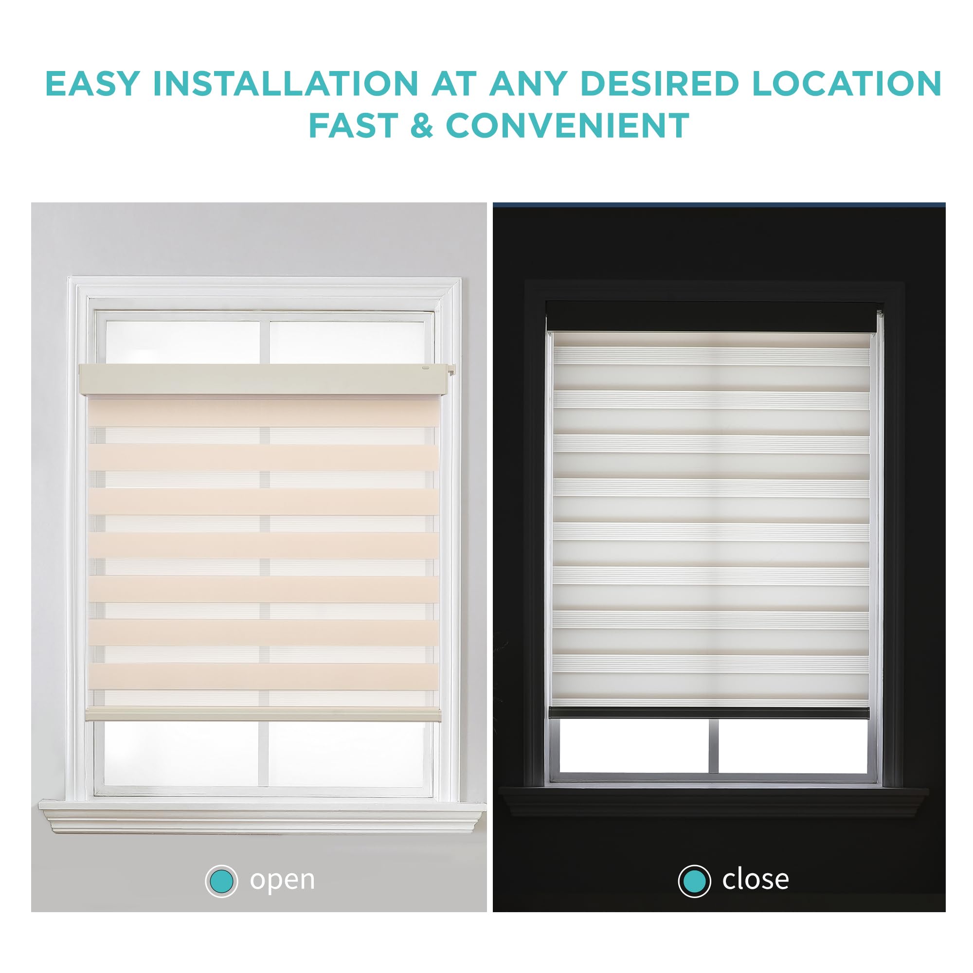 Beige and white cordless zebra blinds shown open and closed. Easy installation, dual-layer fabric.