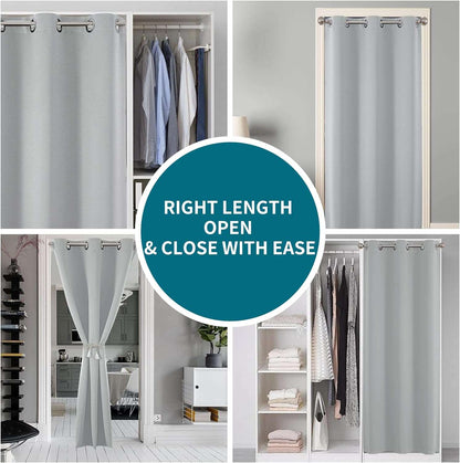 Collage of light grey grommet room divider curtains showcasing closet, doorway, and wide opening applications.