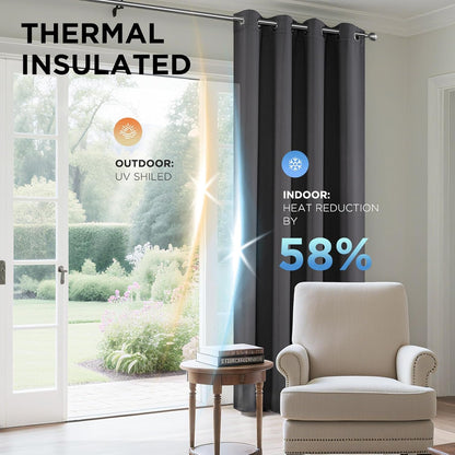 Dark grey Joydeco extra long thermal insulated blackout curtains reduce indoor heat by 58% in a living room.