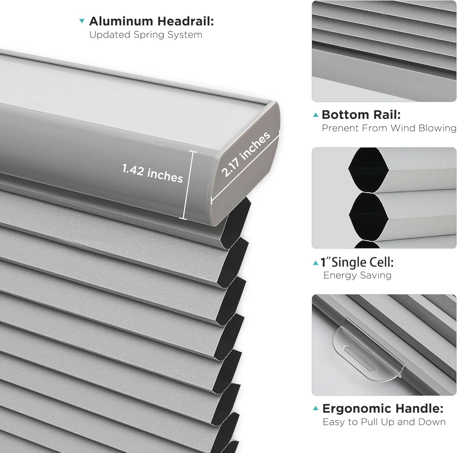 Gray cordless blackout cellular shade details: headrail, honeycomb cells, bottom rail, handle.