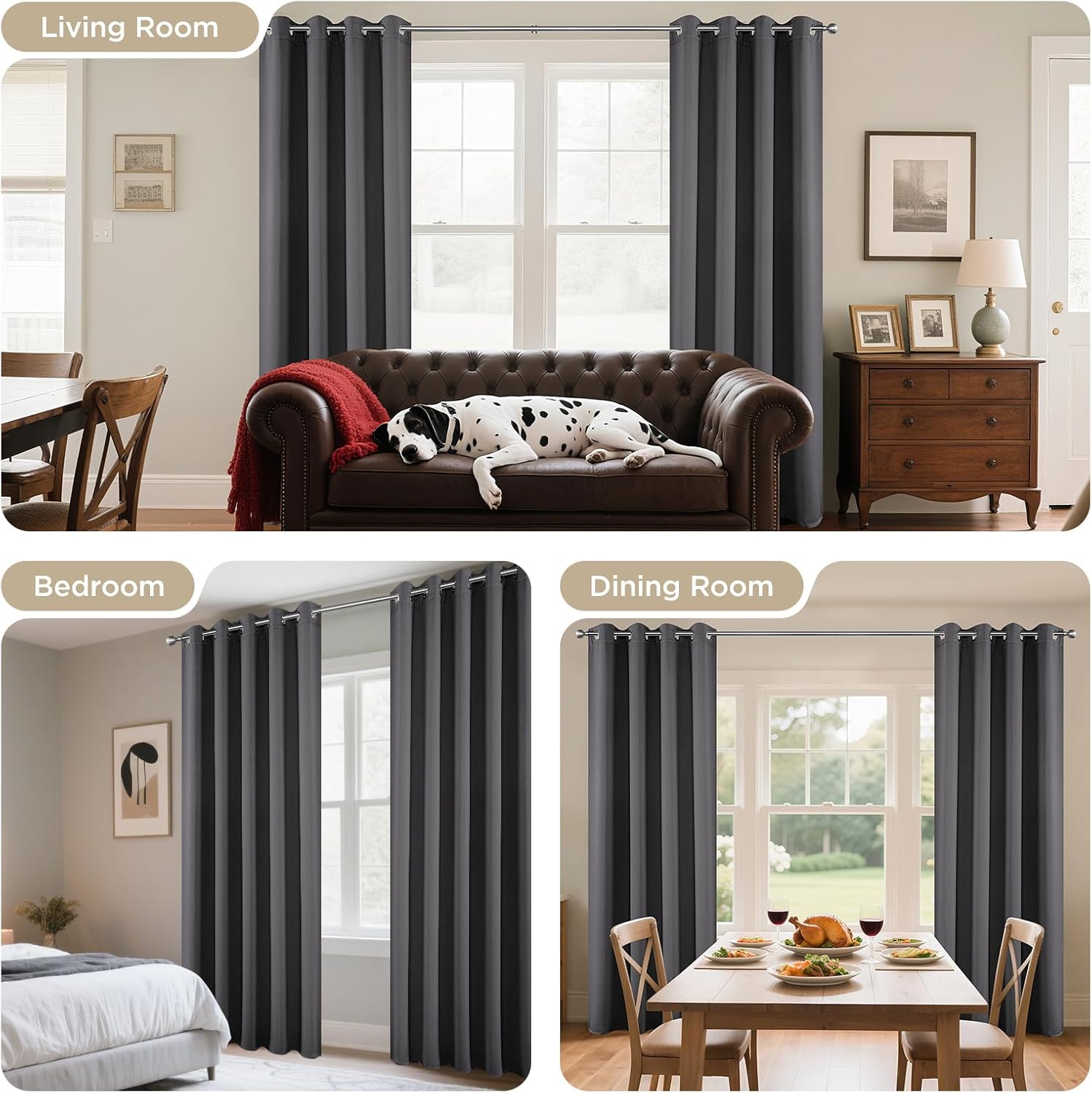 Joydeco dark grey extra long blackout curtains in living room, bedroom, and dining room settings.