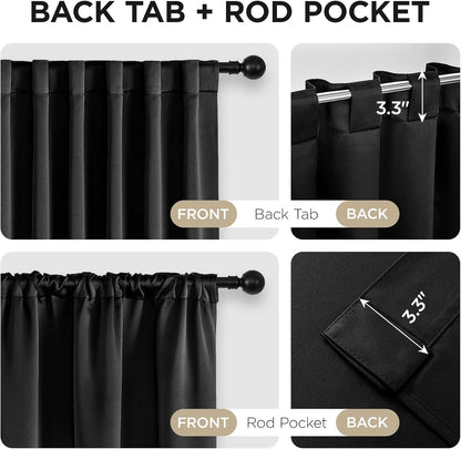 Joydeco black blackout curtain hanging options: back tab and rod pocket, with 3.3 inch rod opening.