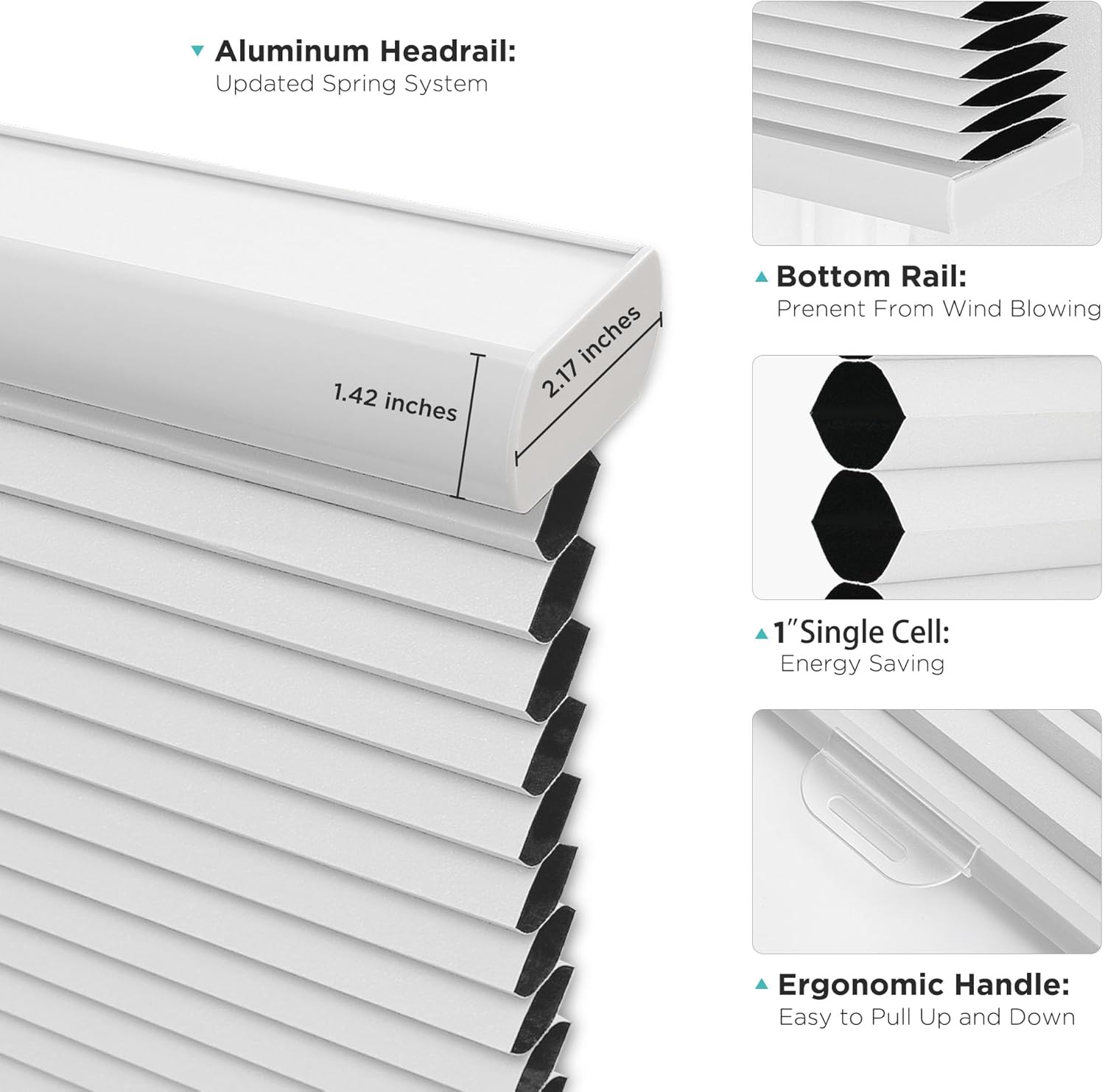 White cordless blackout cellular shade components: aluminum headrail, bottom rail, 1-inch single cell, ergonomic handle.
