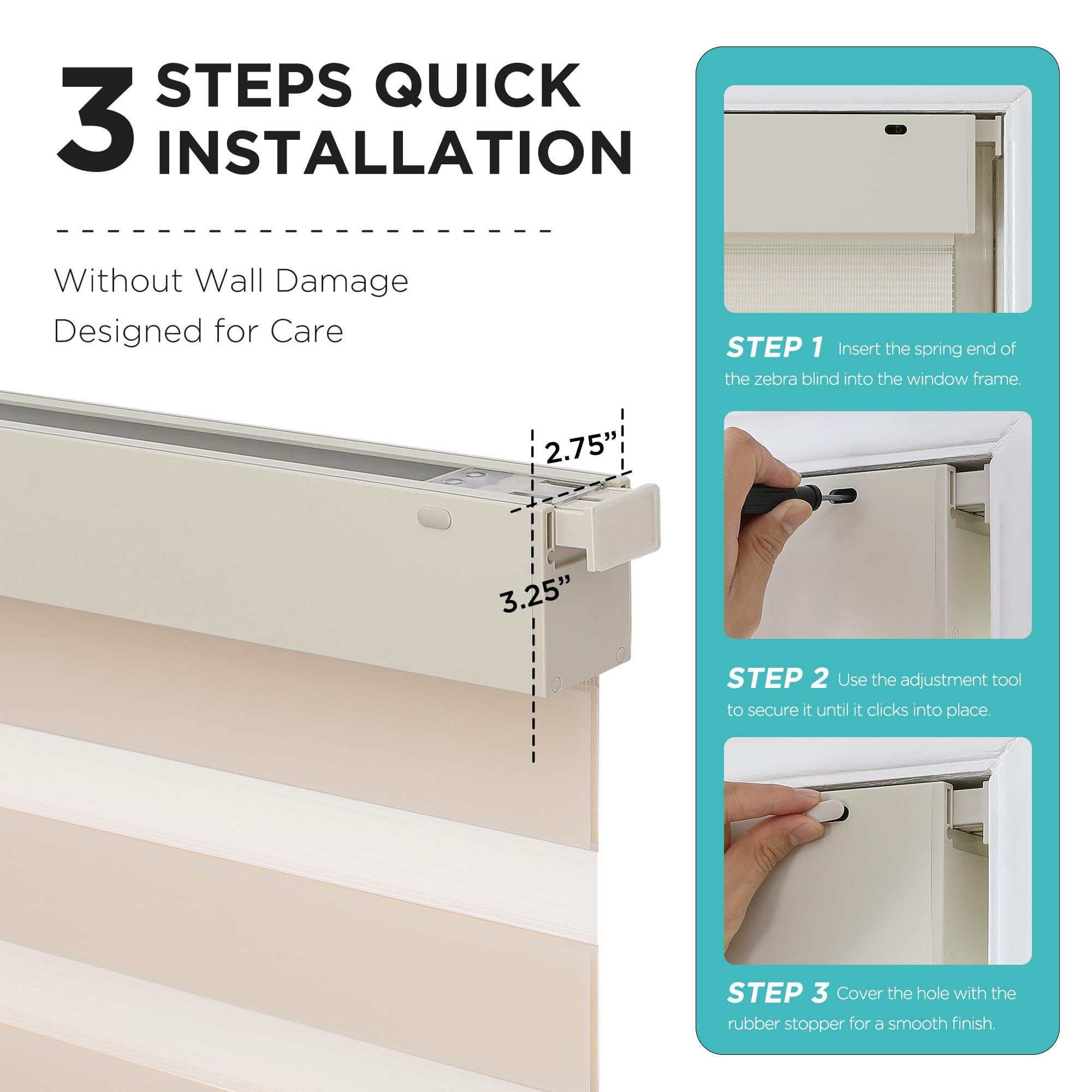 3 steps no-drill installation for cordless zebra blinds, no wall damage. Beige top rail shown with dimensions.