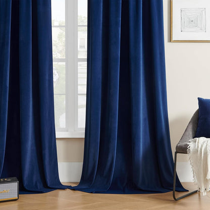 Joydeco Blue Velvet Curtains 90 inch Length 2 Panels Burg Set, Luxury Rod Pocket Thermal Insulated Window Blackout Curtain, Room Darkening Drapes for Living Dining Room Bedroom Privacy