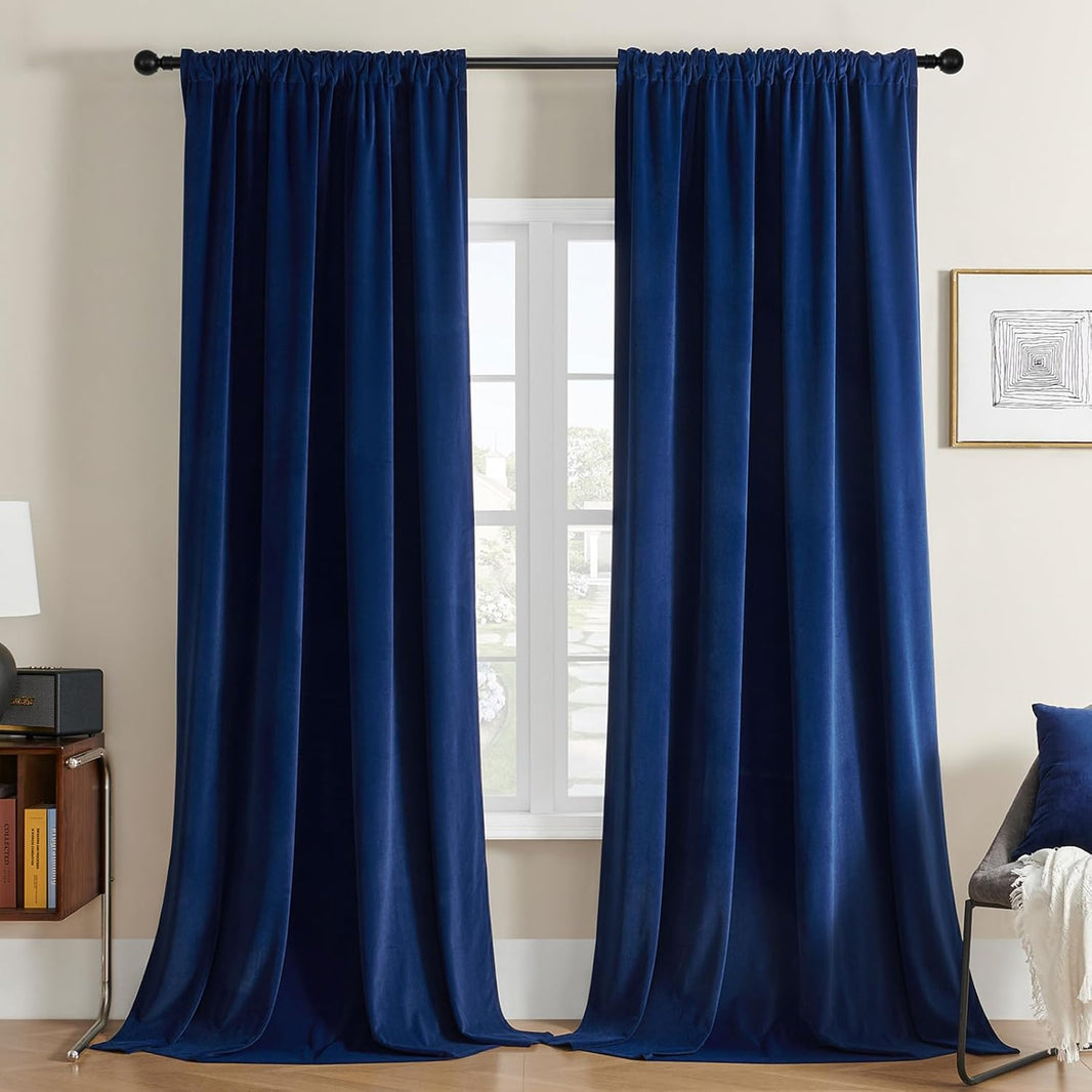 Two blue velvet rod pocket curtains, 90" L. Thermal insulated blackout drapes for living room.