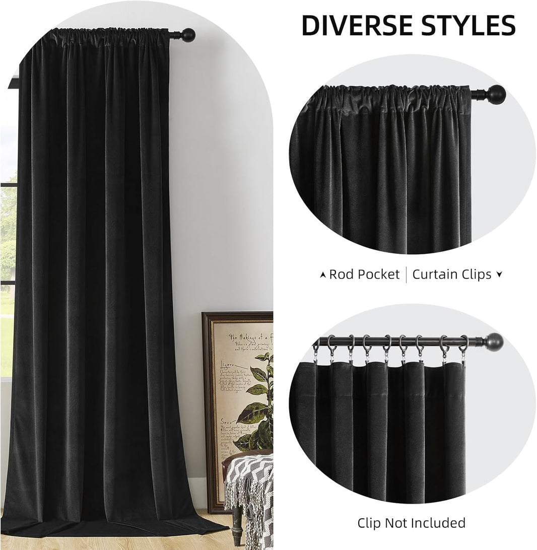 Joydeco black velvet curtains 72 inch, showcasing rod pocket and clip hanging styles for room darkening drapes.