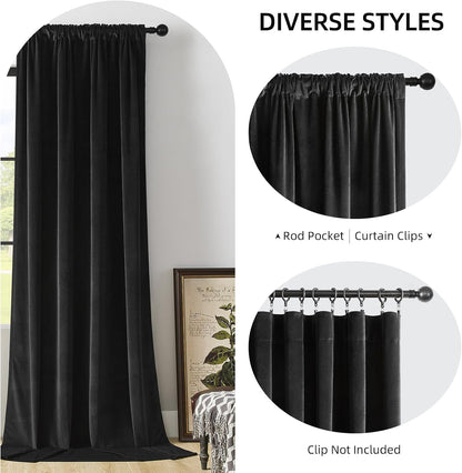 Joydeco black velvet curtains 72 inch, showcasing rod pocket and clip hanging styles for room darkening drapes.