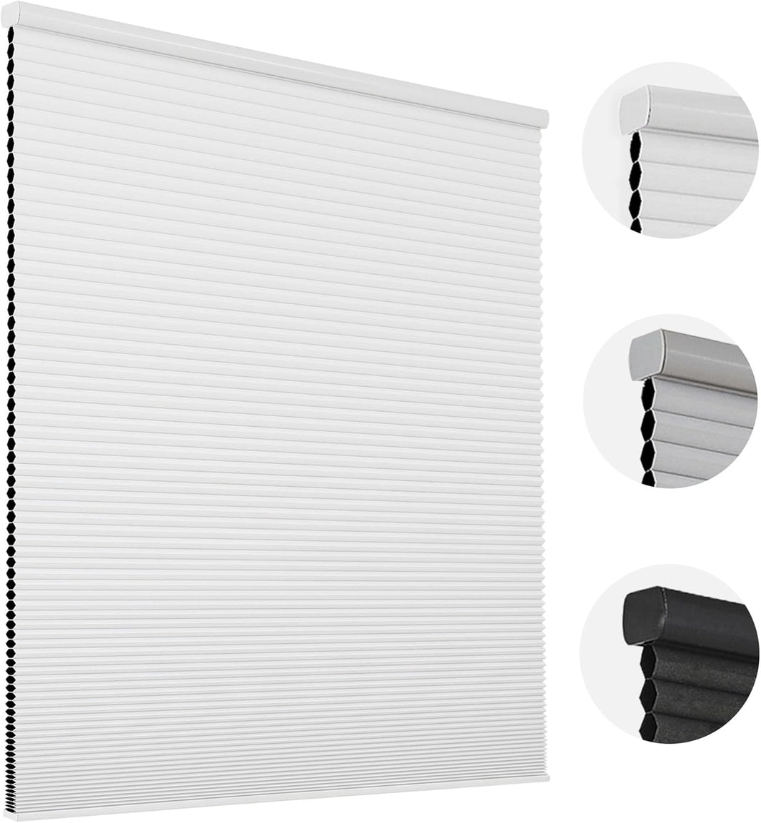 White cordless cellular blackout shades with honeycomb structure. Close-ups show profiles.