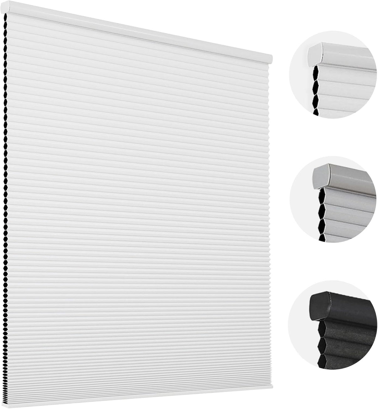White cordless cellular blackout shades with honeycomb structure. Close-ups show profiles.